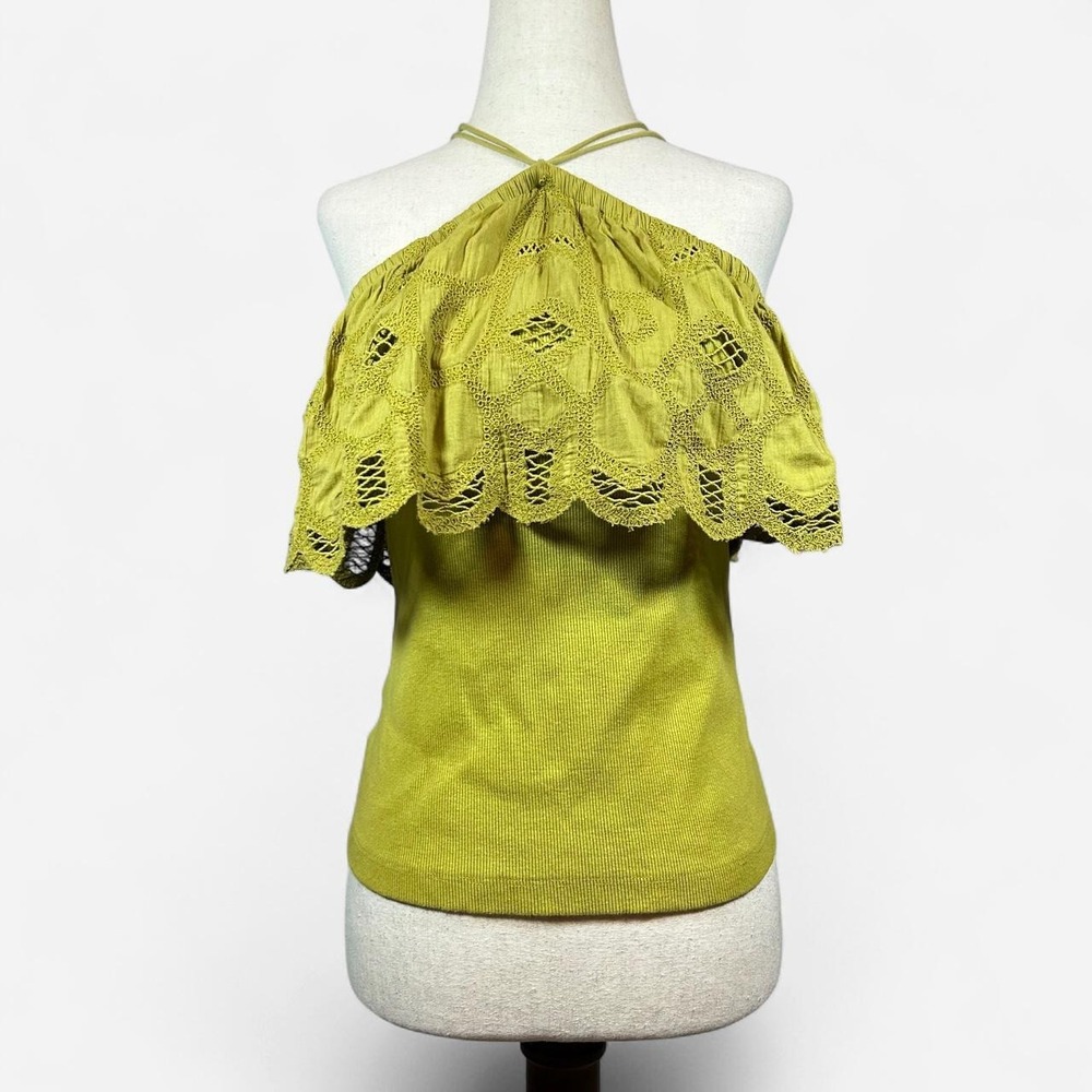 Anthropologie Yellow Green Layered Eyelet Lace Halter Top Womens M
